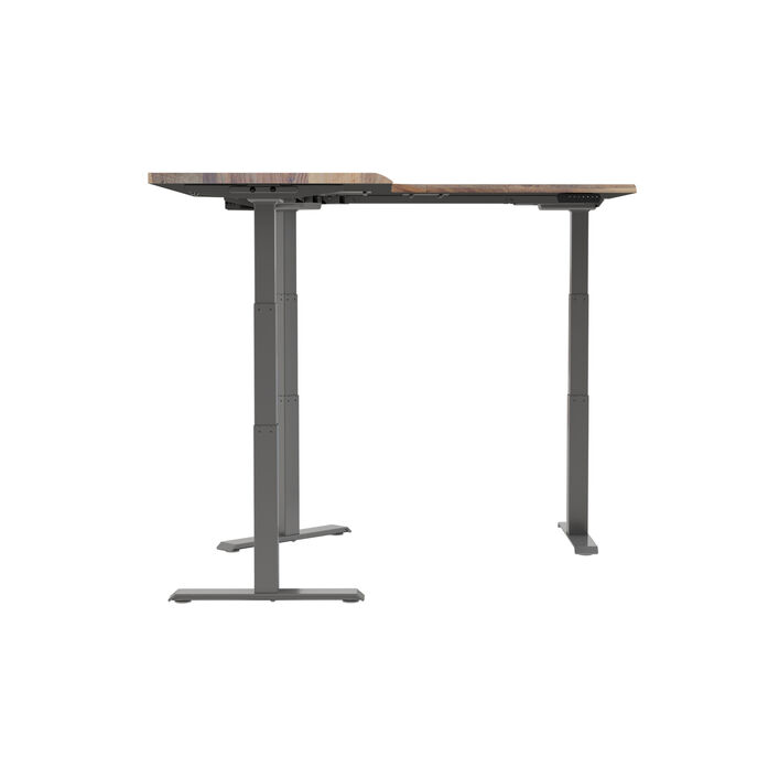 Side view of an L-shaped standing desk with three T-shaped legs and a control panel, isolated on a white background. image number 2